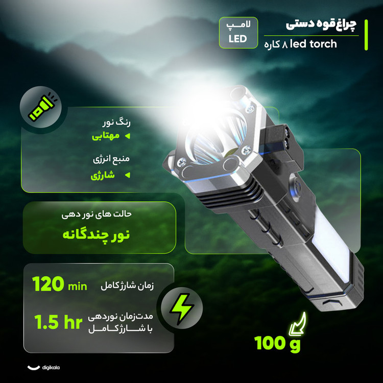 چراغ قوه دستی مدل 8 کاره led 3w torch